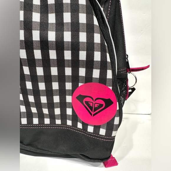 Roxy Black White Pink Roxy Logo Checkered Design 2 Pocket Medium Sized Backpack - Picture 2 of 12